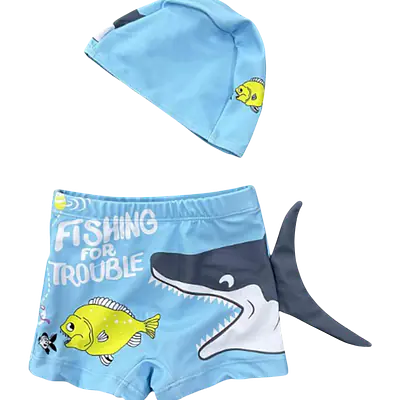 Little Boys Shark Swim Trunks with Cap Set primary image