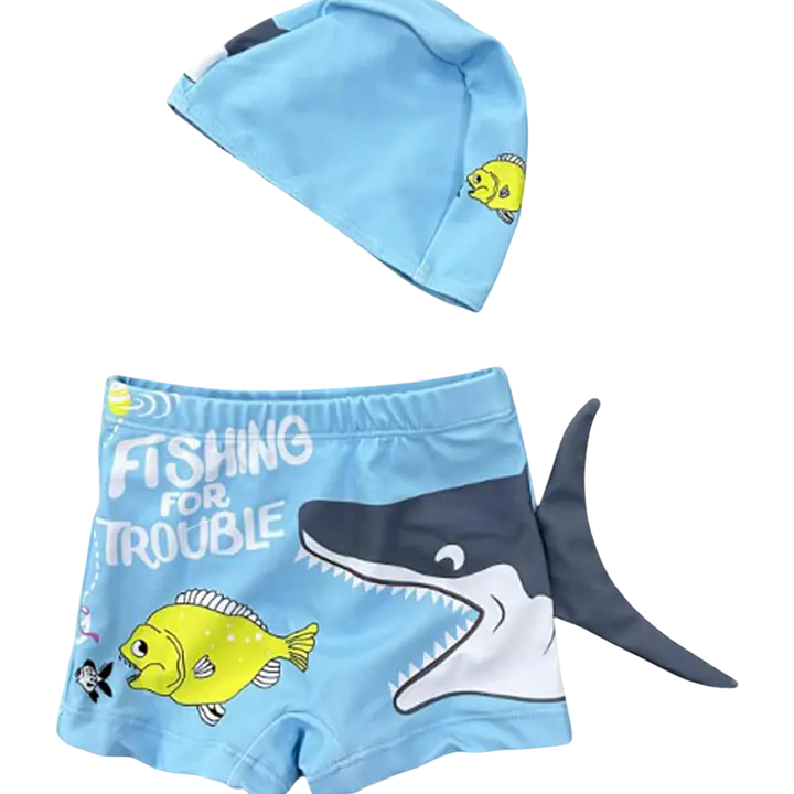 Little Boys Shark Swim Trunks with Cap Set - Master