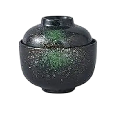 Japanese Tenmoku Style Lidded Ceramic Miso Soup Bowl – Black & Emerald Speckle primary image