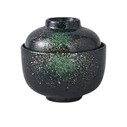 Japanese Tenmoku Style Lidded Ceramic Miso Soup Bowl – Black & Emerald Speckle - Master