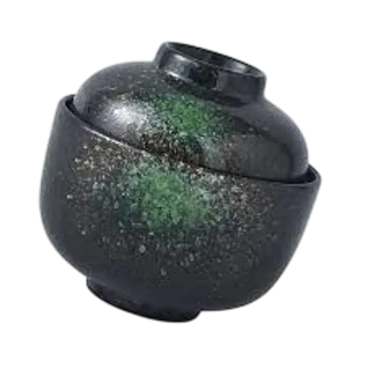 Japanese Tenmoku Style Lidded Ceramic Miso Soup Bowl – Black & Emerald Speckle - Master