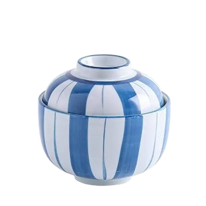 Traditional Japanese Ceramic Bowl – Blue & White Striped Design - Master