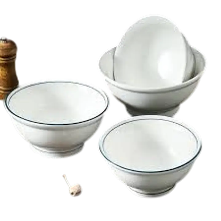 Minimalist White Ceramic Rice Bowl with Blue Rim - Master