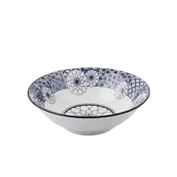 Japanese Rhyme Blues Ceramic Serving Bowl – Floral Medallion & Geometric Pattern - Master
