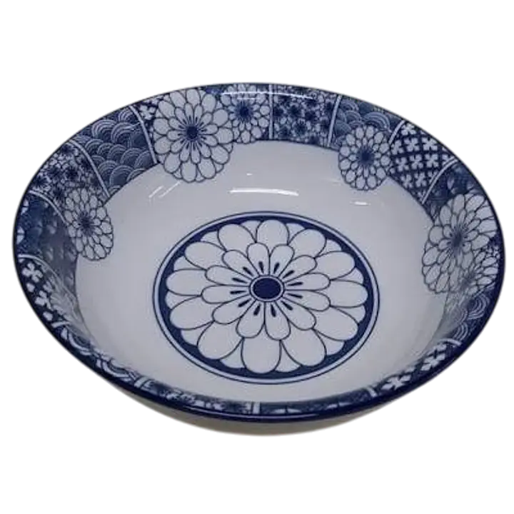 Japanese Rhyme Blues Ceramic Serving Bowl – Floral Medallion & Geometric Pattern - Master