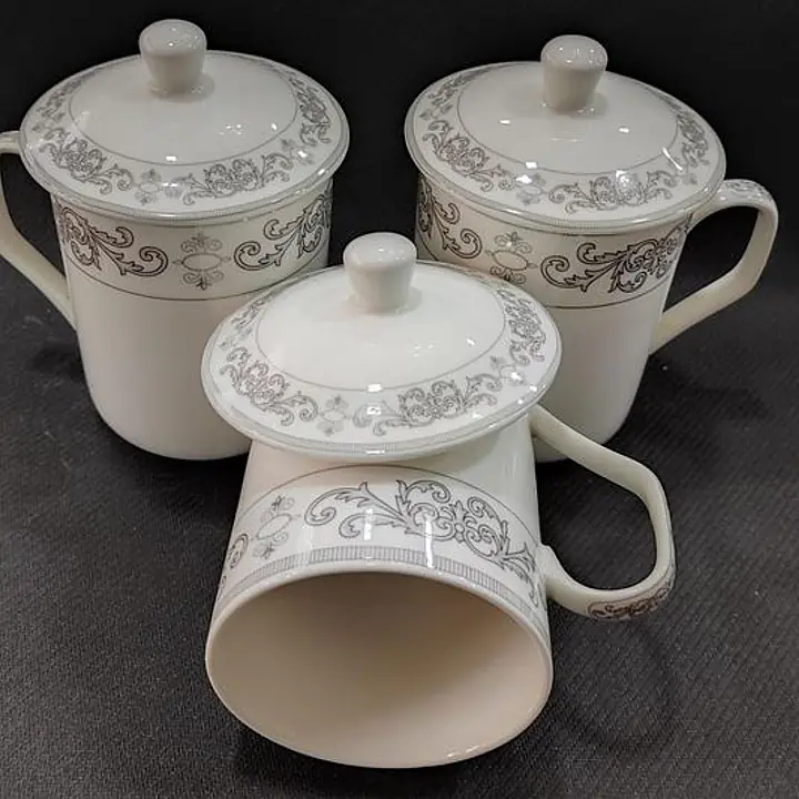 Ceramic Cup With Lid Silver Border 400ml - Master